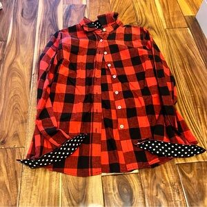 Women’s red & black Buffalo plaid button up shirt with polka dot details. Size m